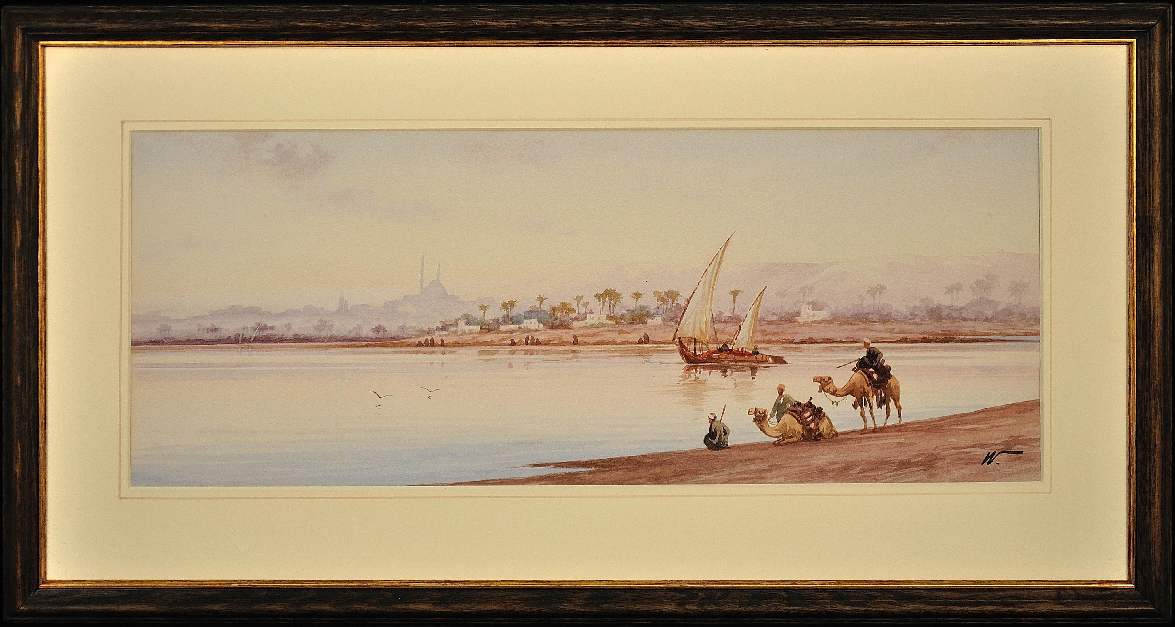 Edwin Lord Weeks Landscape Art - River Nile Feluccas and Camels. Egypt. American Orientalist Watercolor. Mosque.