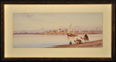 River Nile Feluccas and Camels. Egypt. American Orientalist Watercolor. Mosque.