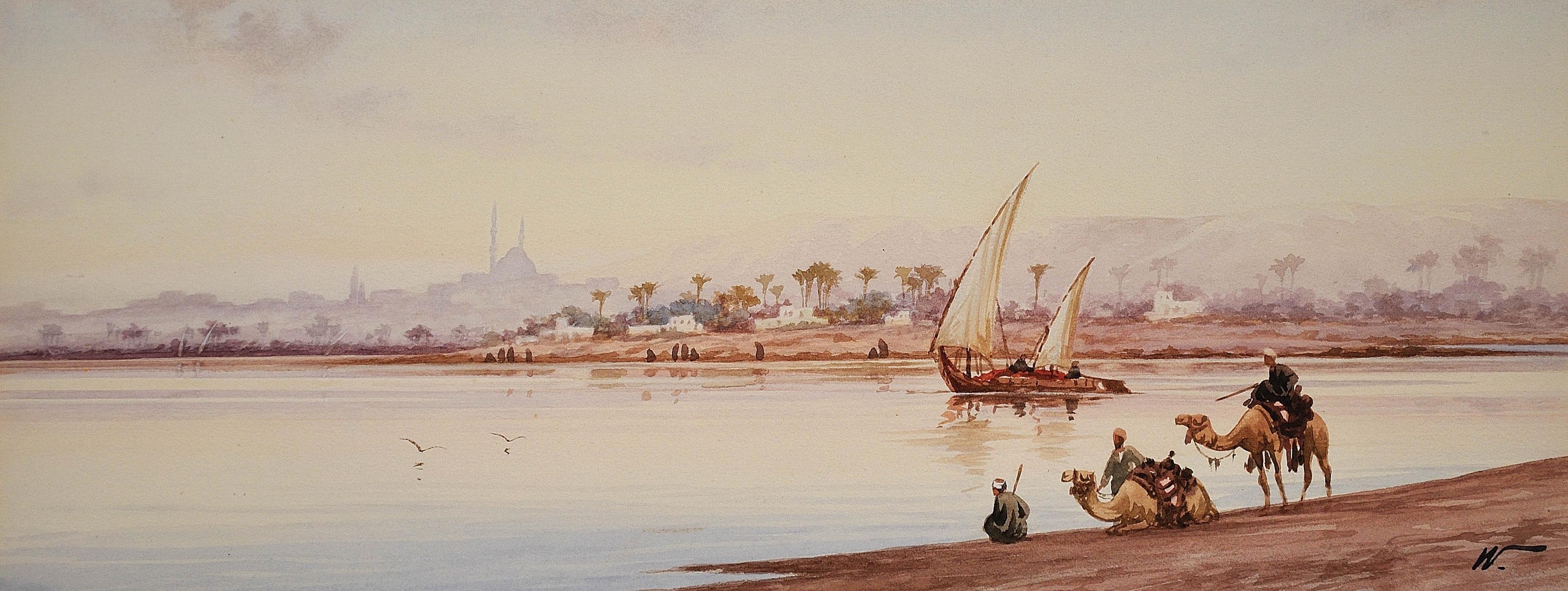 River Nile Feluccas and Camels. Egypt. American Orientalist Watercolor. Mosque. - Art by Edwin Lord Weeks