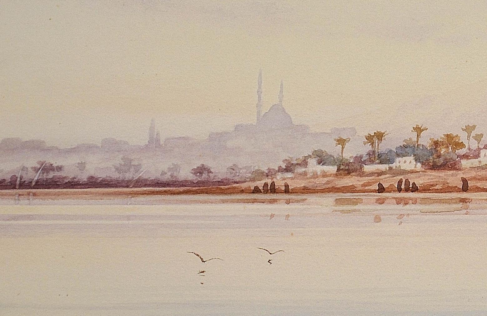 River Nile Feluccas and Camels. Egypt. American Orientalist Watercolor. Mosque. 3