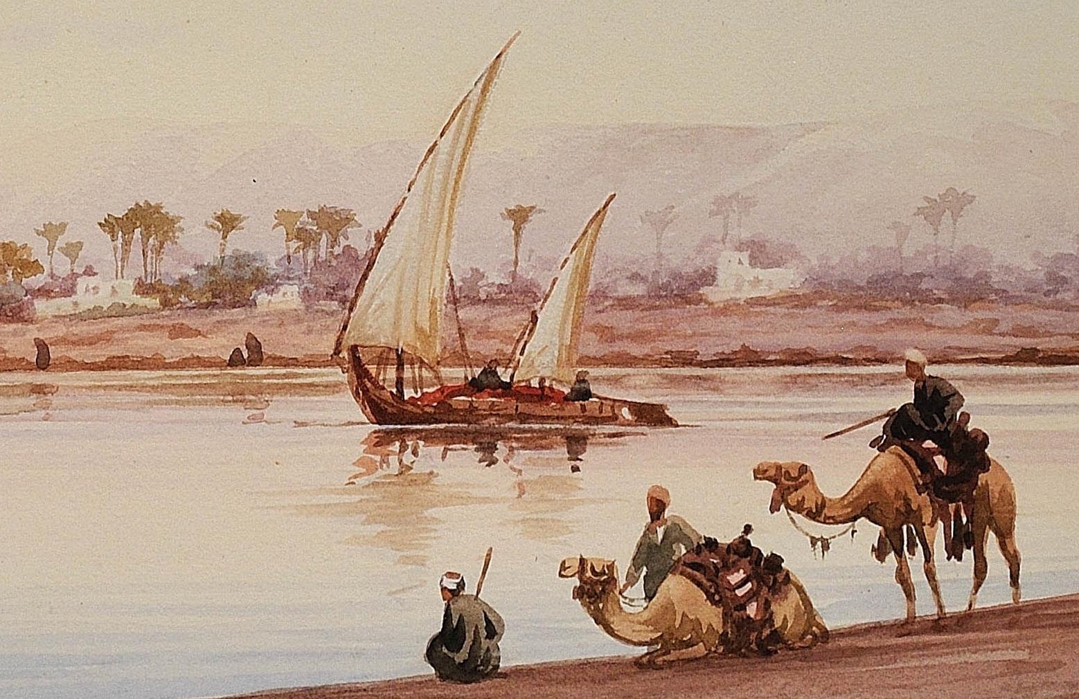 River Nile Feluccas and Camels. Egypt. American Orientalist Watercolor. Mosque. 4