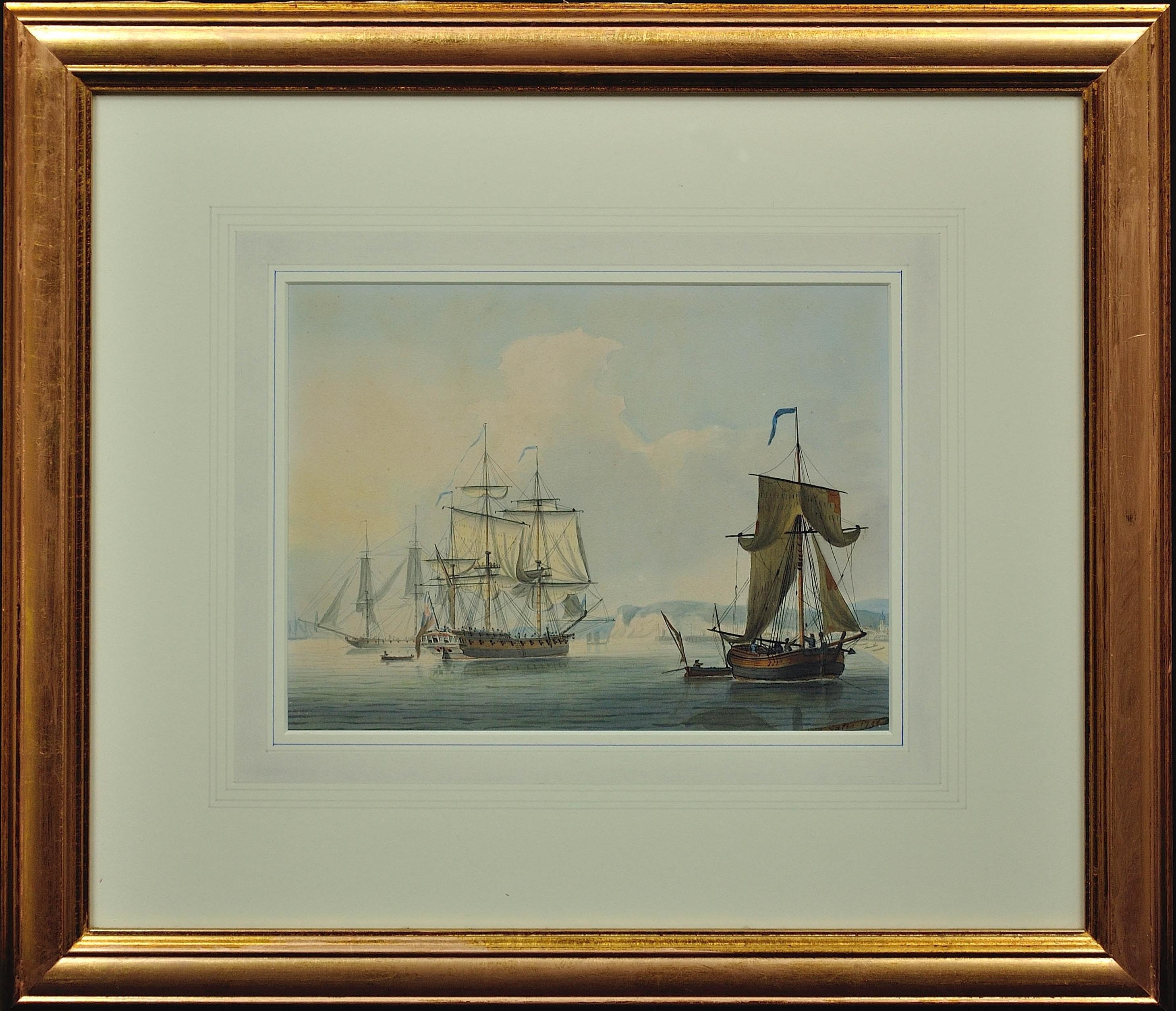 Thomas Yates Landscape Art - Frigates in a Calm off Dover. King George III Watercolor. Royal Navy Lieutenant.
