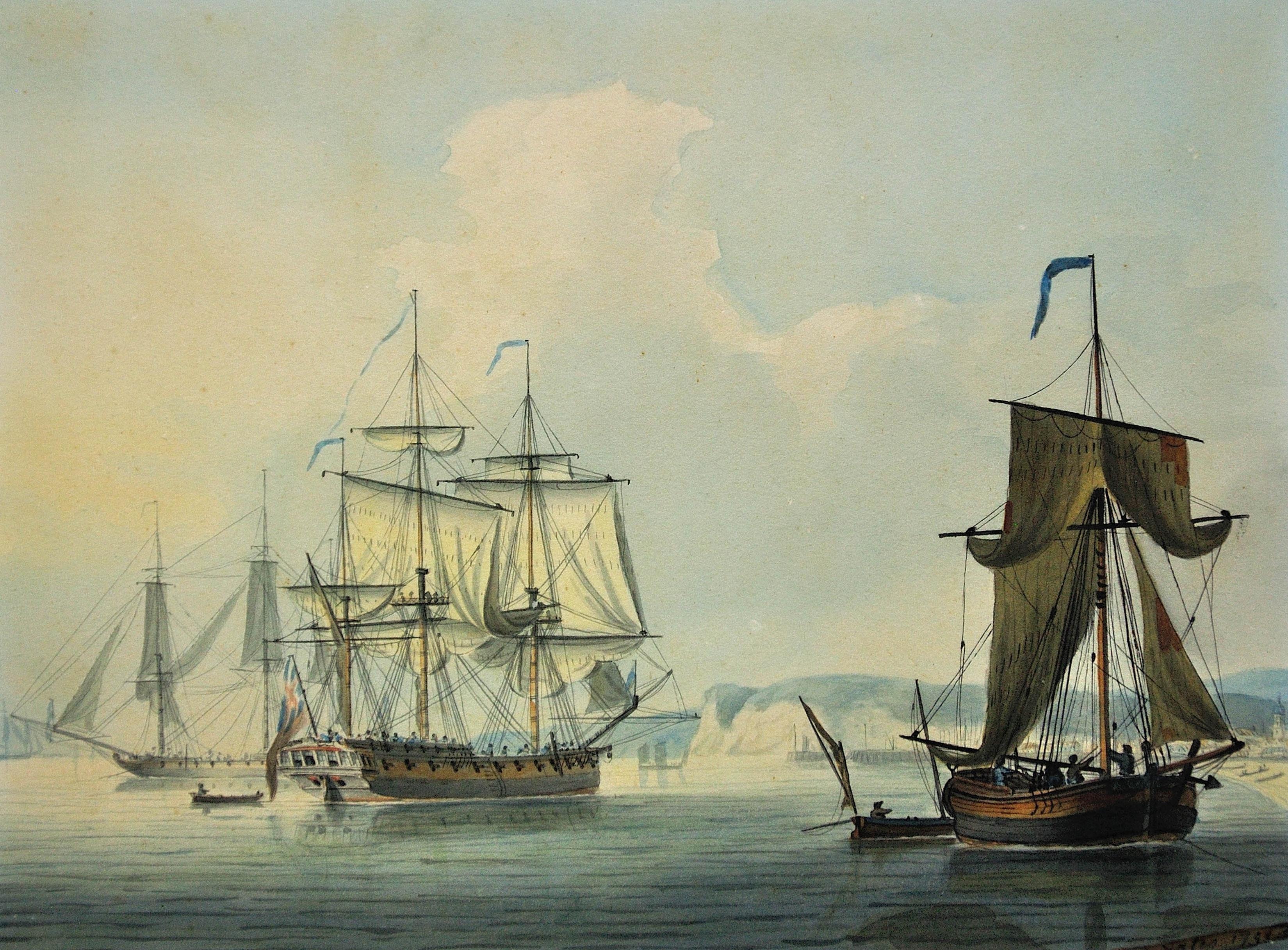 Frigates in a Calm off Dover. King George III Watercolor. Royal Navy Lieutenant. - Art by Thomas Yates