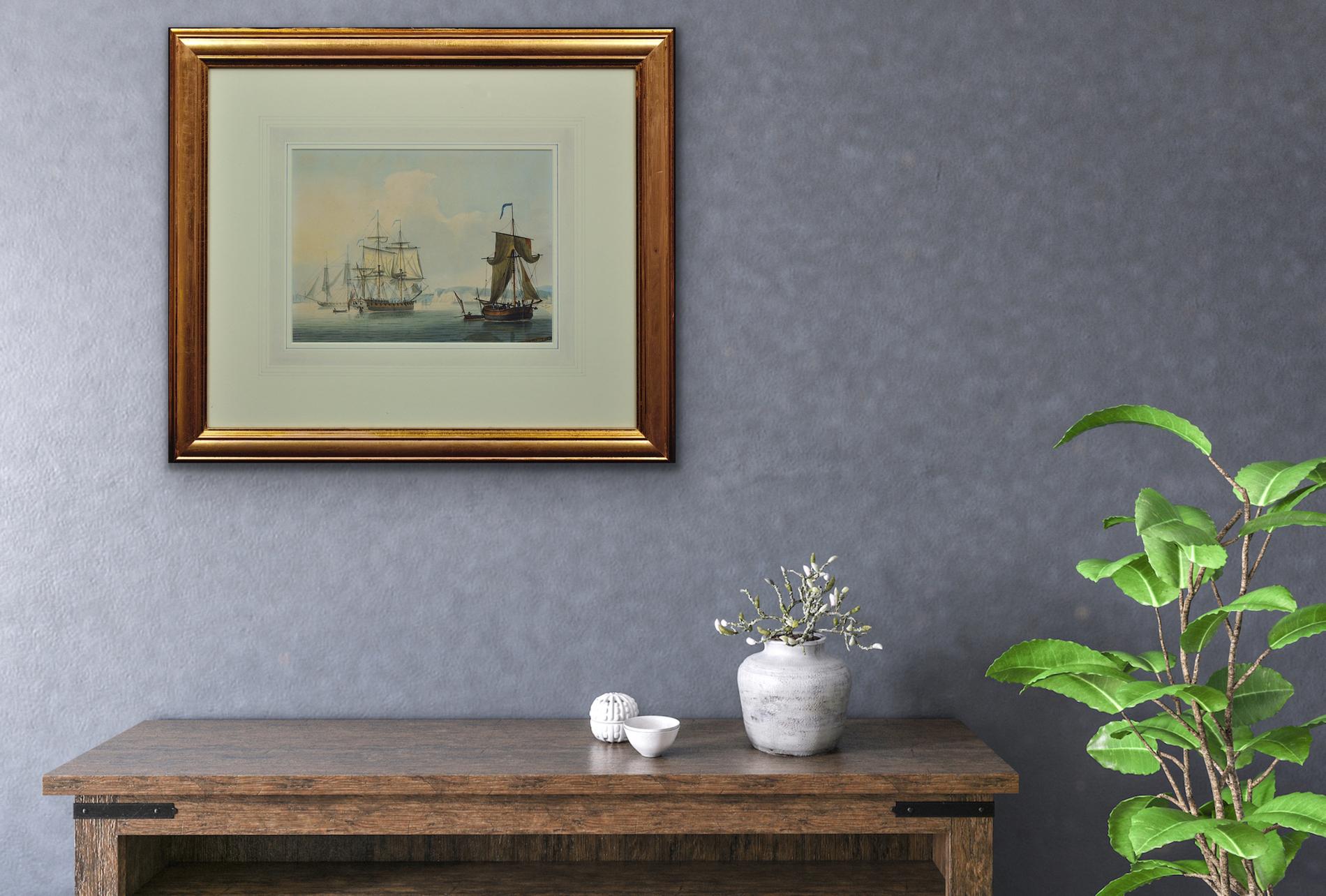 Frigates in a Calm off Dover. King George III Watercolor. Royal Navy Lieutenant. 4