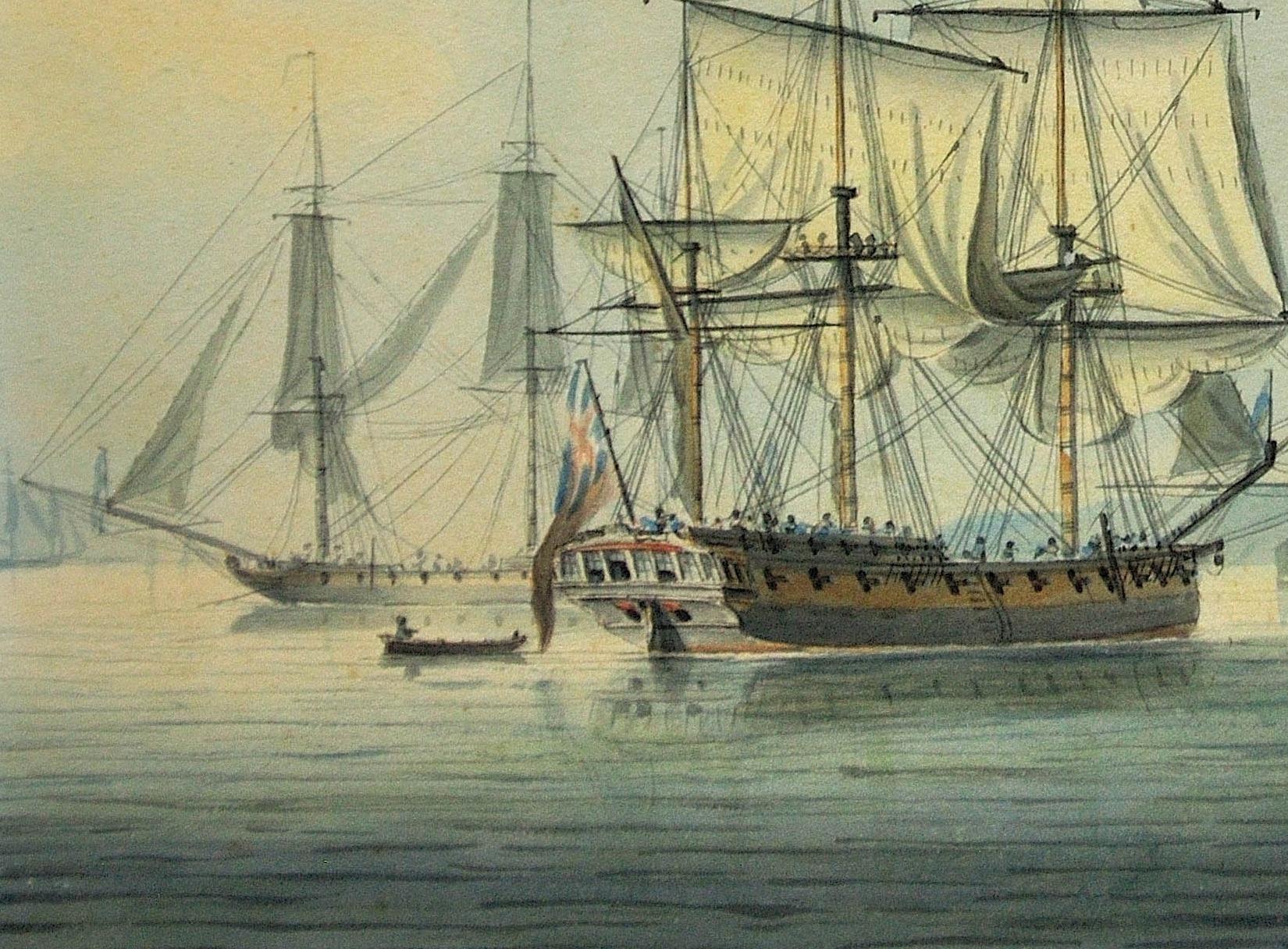 Frigates in a Calm off Dover. King George III Watercolor. Royal Navy Lieutenant. 9