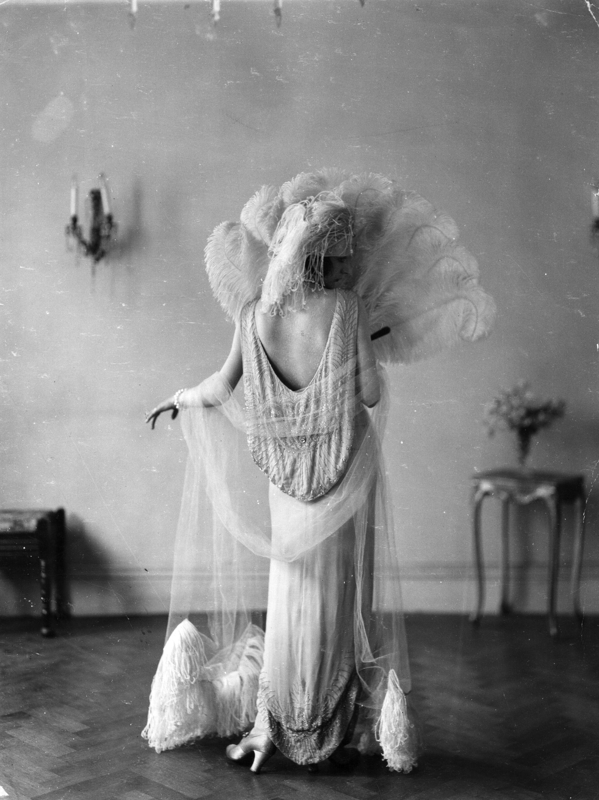 Alexander "Sasha" Stewart Black and White Photograph - Feathered Gown, 1920s, Silver Gelatin, Archival, Limited, Fashion, Evening wear