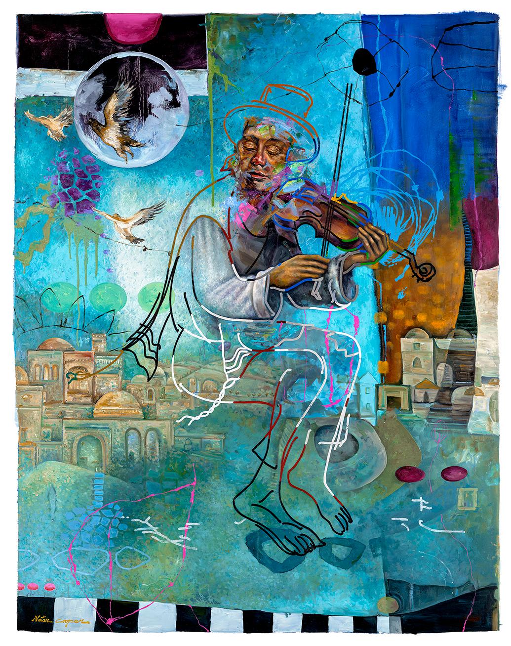 Natan Cooper Figurative Painting - Violinist (Abstract Judaica)