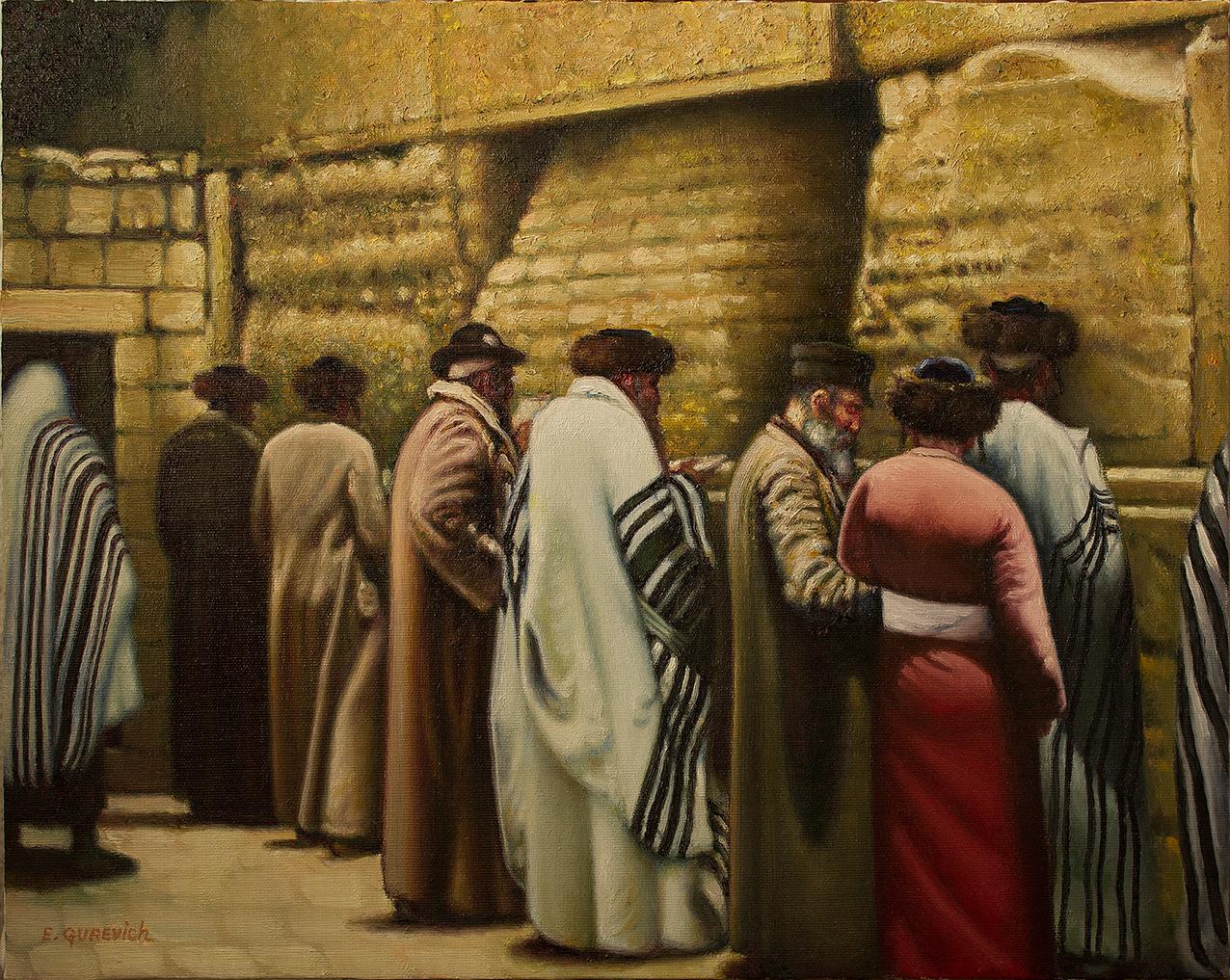 Eduard Gurevich Portrait Painting – Pilgrims at the Western Wall (Judaica)