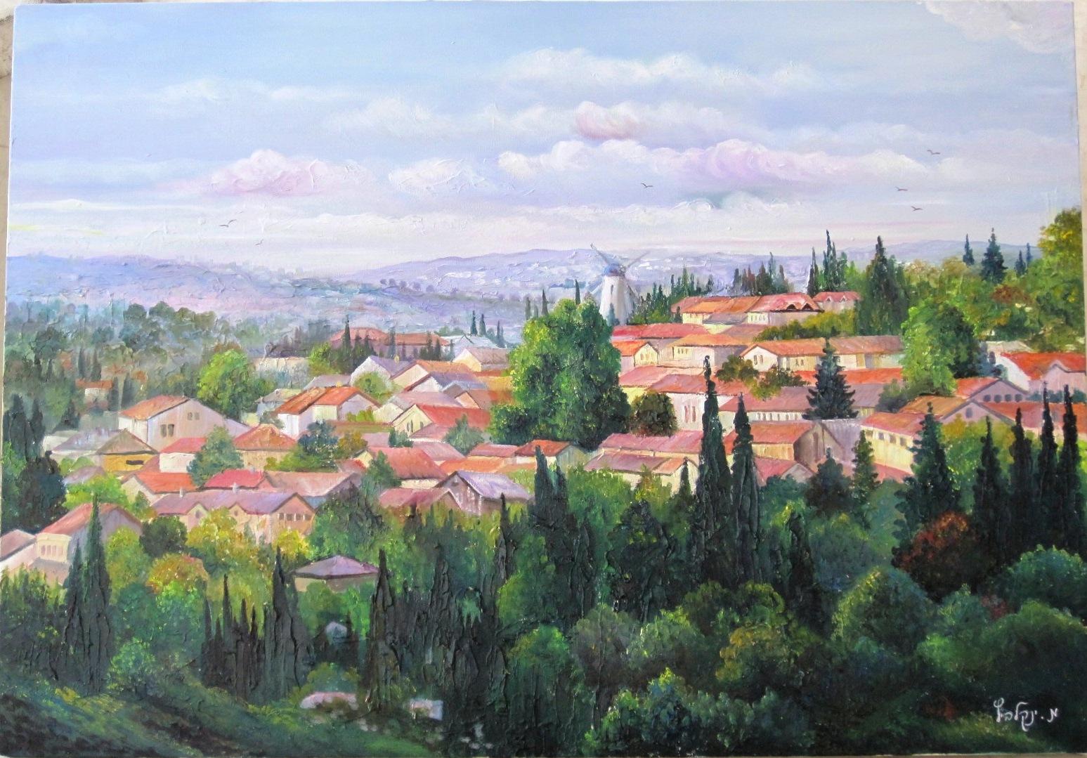 Mishkenot Sha'anim - Peaceful Habitation (Landscape) - Painting by Menucha Yankelevitch