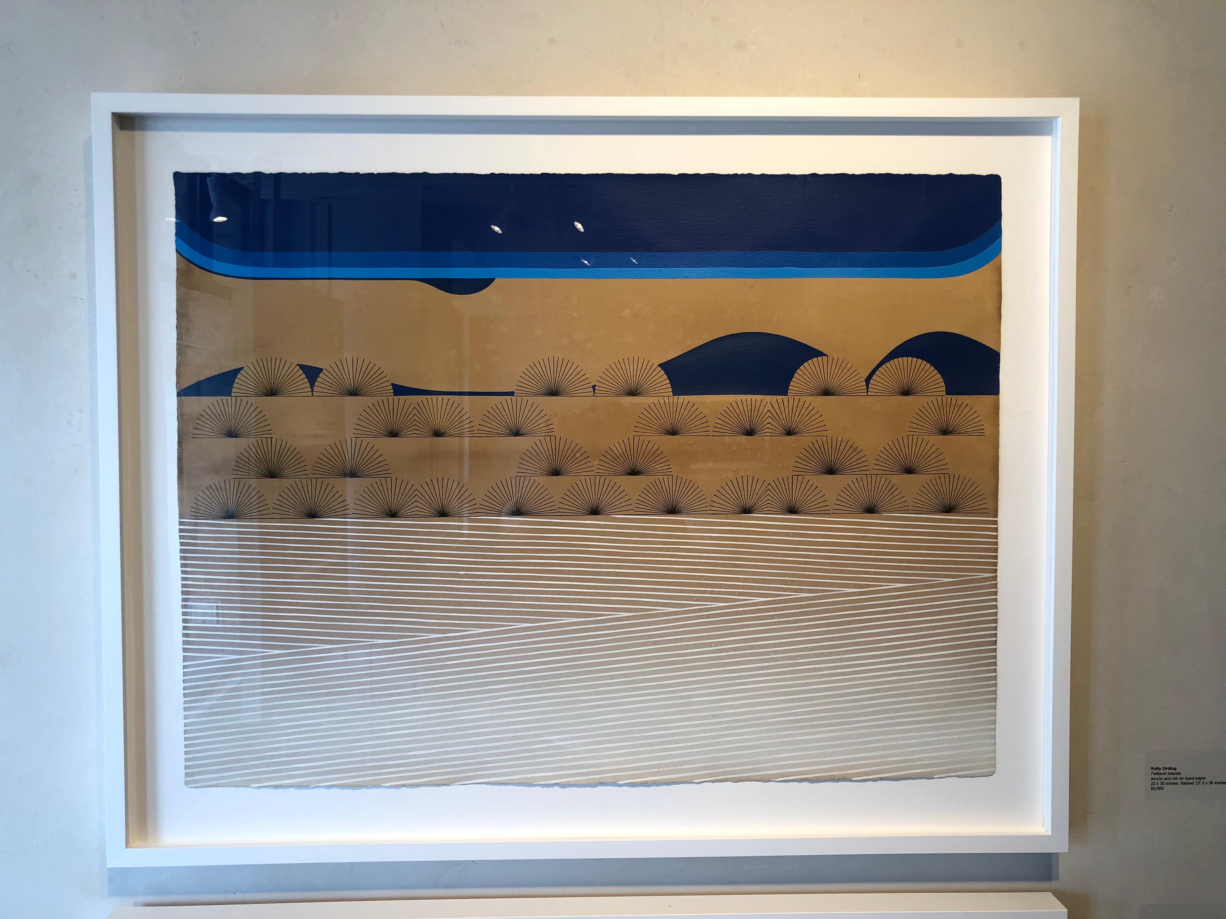 Falkland Islands-framed abstract linear acrylic in blues and white on dyed paper - Painting by Kelly Ording