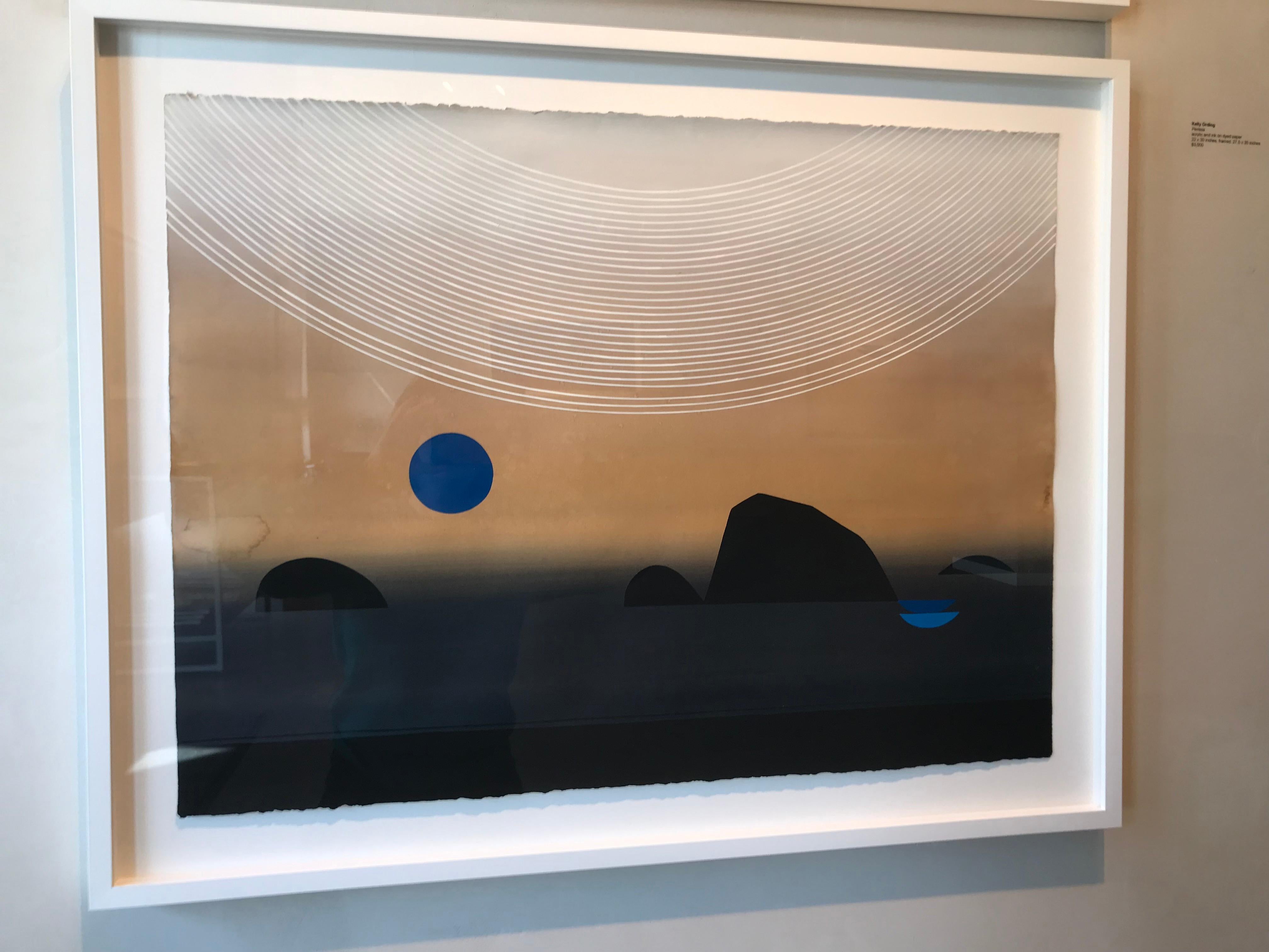Perissa framed abstract landscape painting blue white and black on dyed paper (Abstrakt), Painting, von Kelly Ording