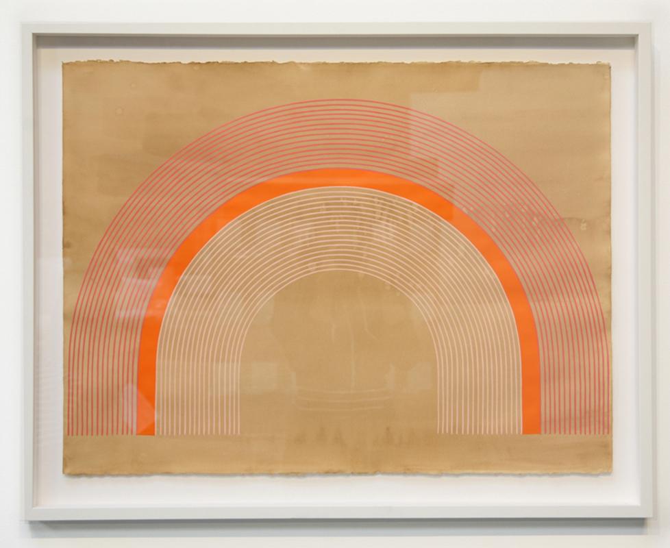 Kelly Ording Abstract Painting - Orange Sherbert (27 x 34 inches framed, precise lines, paper, arch, geometric)