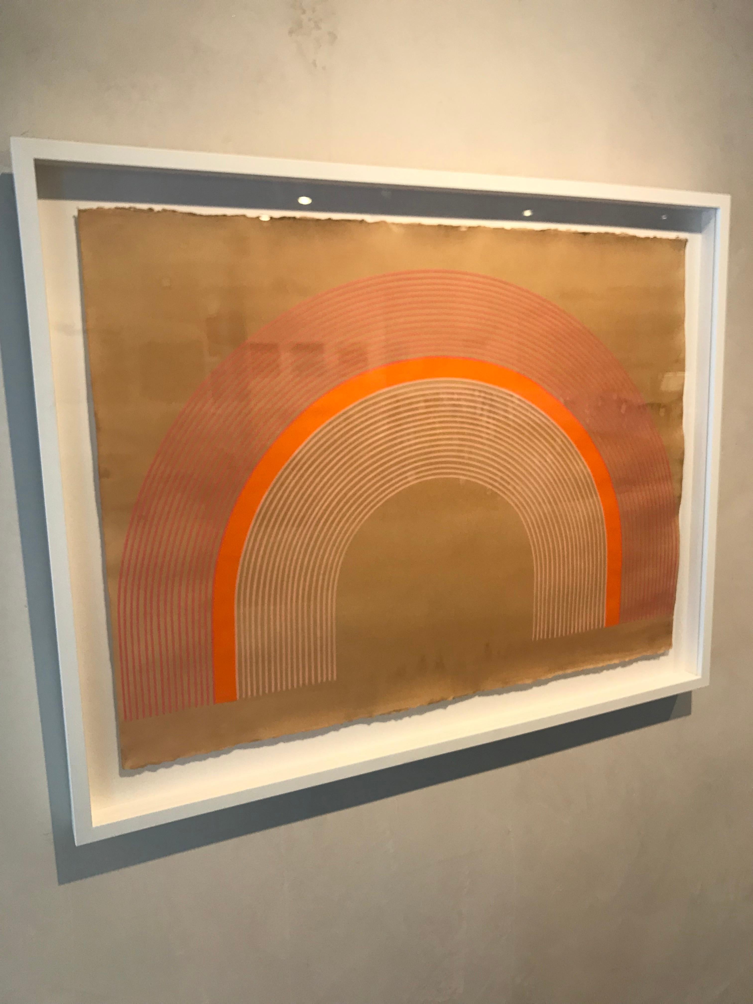 Orange Sherbert (27 x 34 inches framed, precise lines, paper, arch, geometric) - Abstract Painting by Kelly Ording