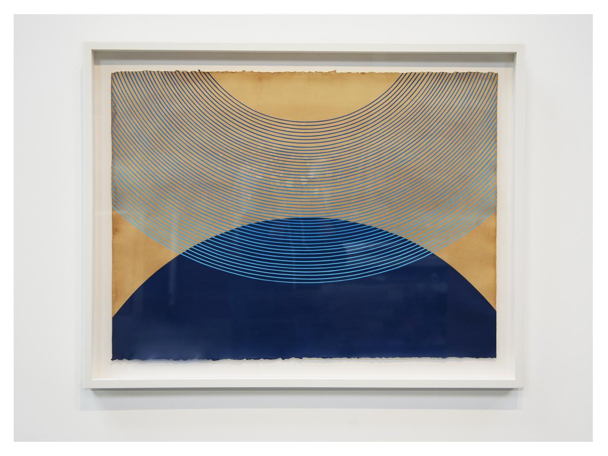Kelly Ording Abstract Painting - Lapis (Blue no.2 )27 x 34 inches framed, precise lines, paper, arch, geometric)