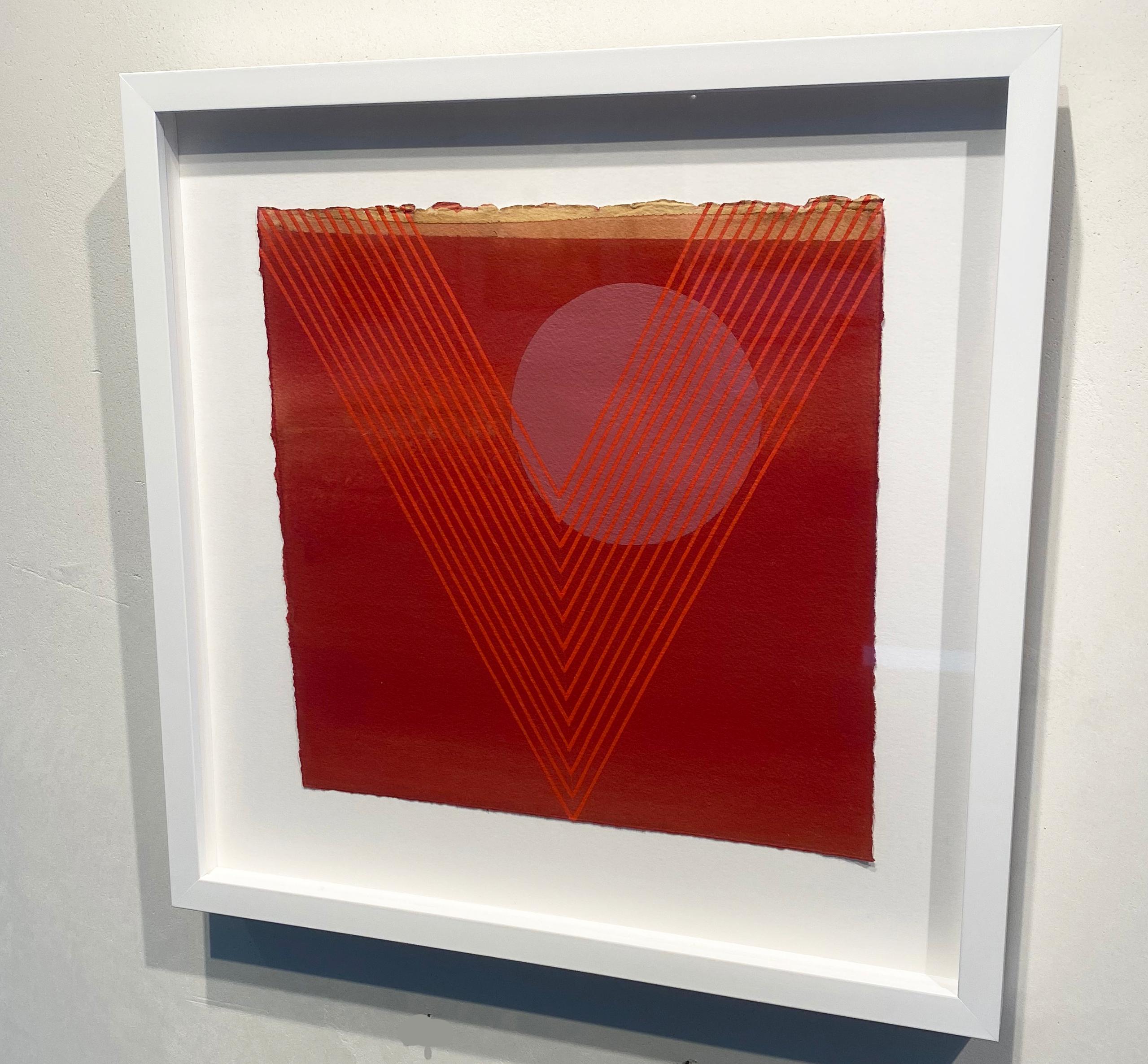 Kingfisher- abstract geometric red painting on paper famed in white - Painting by Kelly Ording