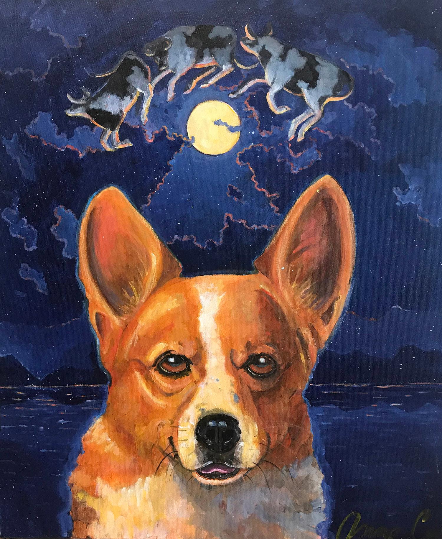 Animal Painting di Annie Coe - Sogno del cane, richiamo del bestiame