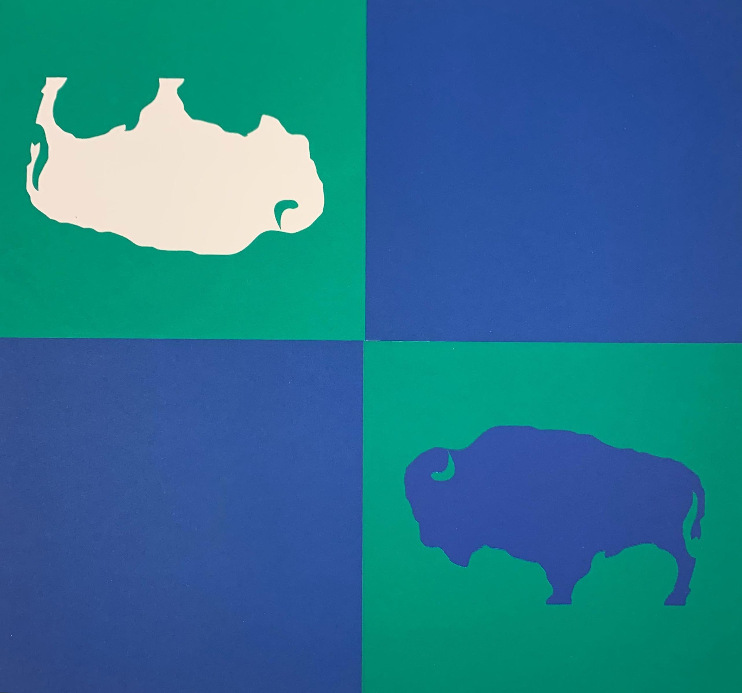 GYE Blue Green Buffalo Flag - Painting by David Buckley Borden