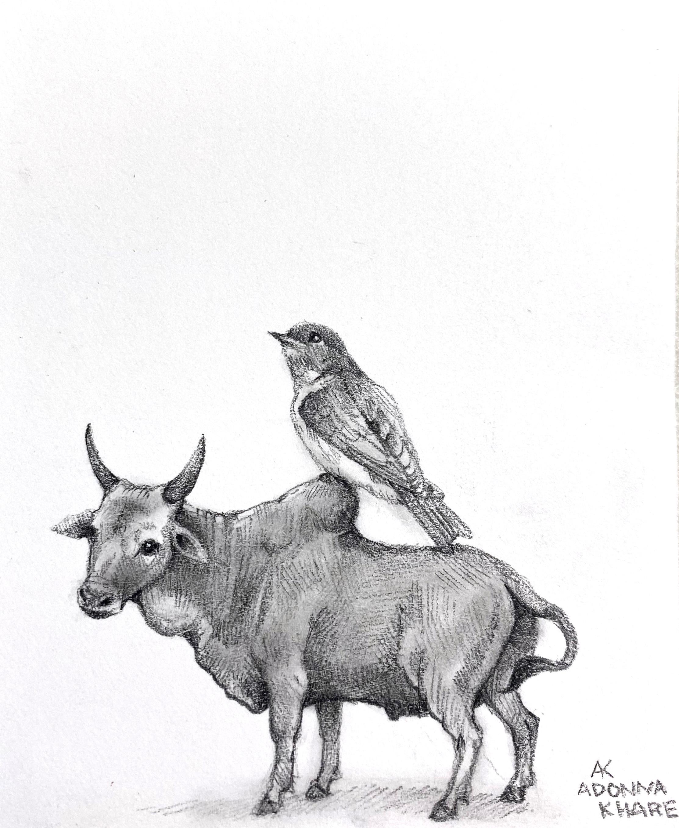 Adonna Khare Animal Art - Cow with Perched Bird