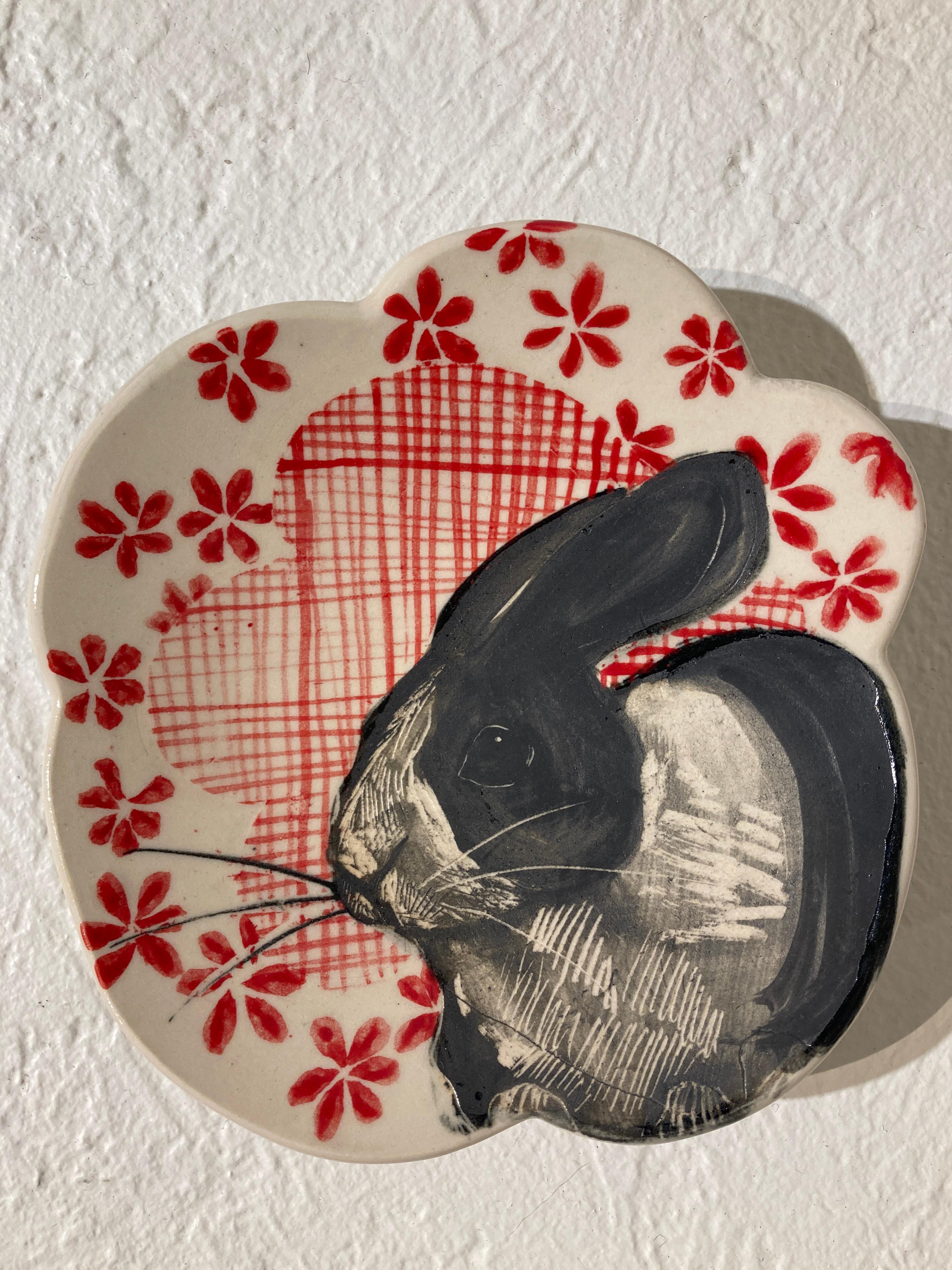 Black and White Rabbit Cloud Plate - Art by Hannah Niswonger
