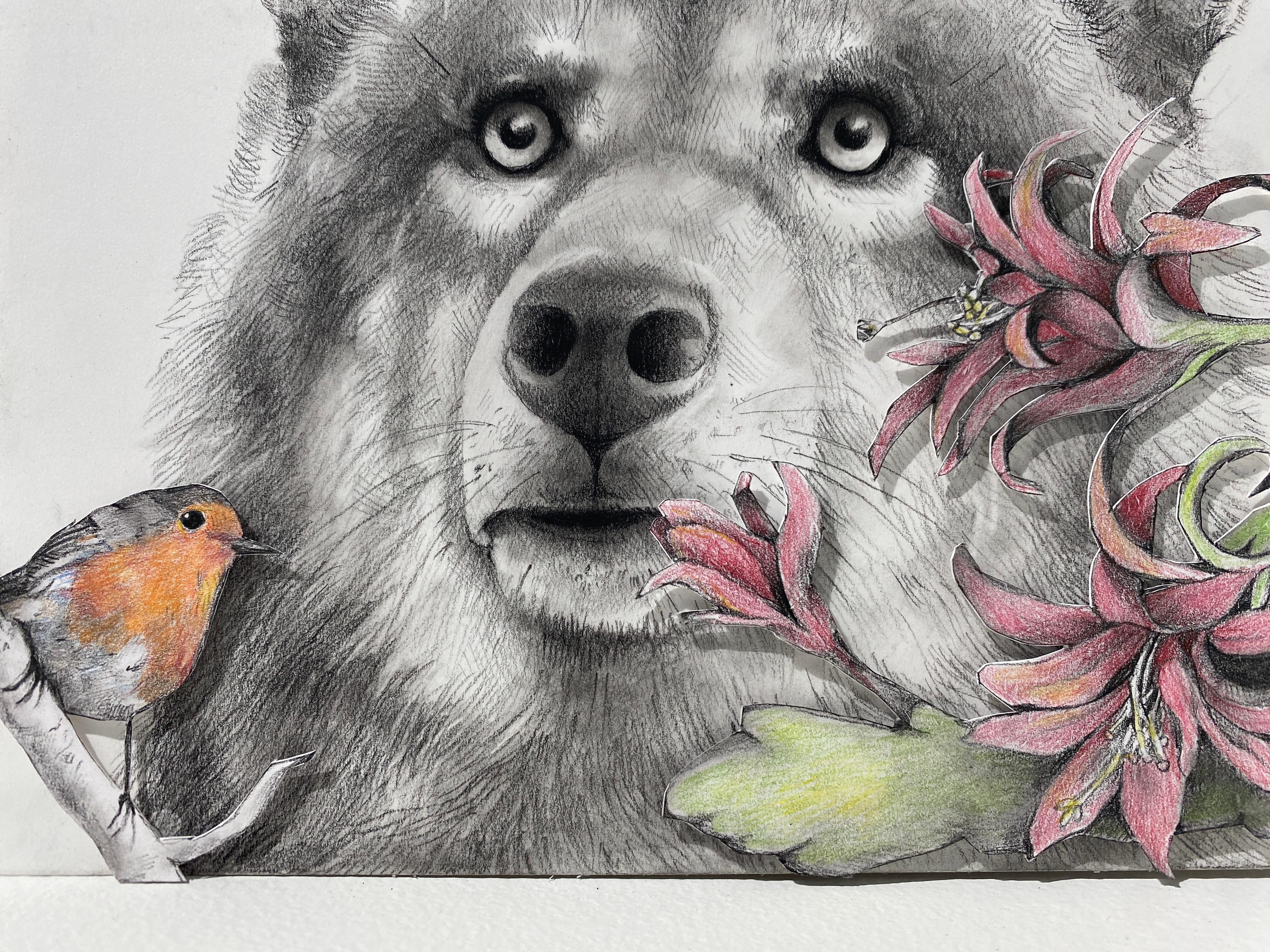 Lobo con colibríes - Animal Art Gris de Adonna Khare