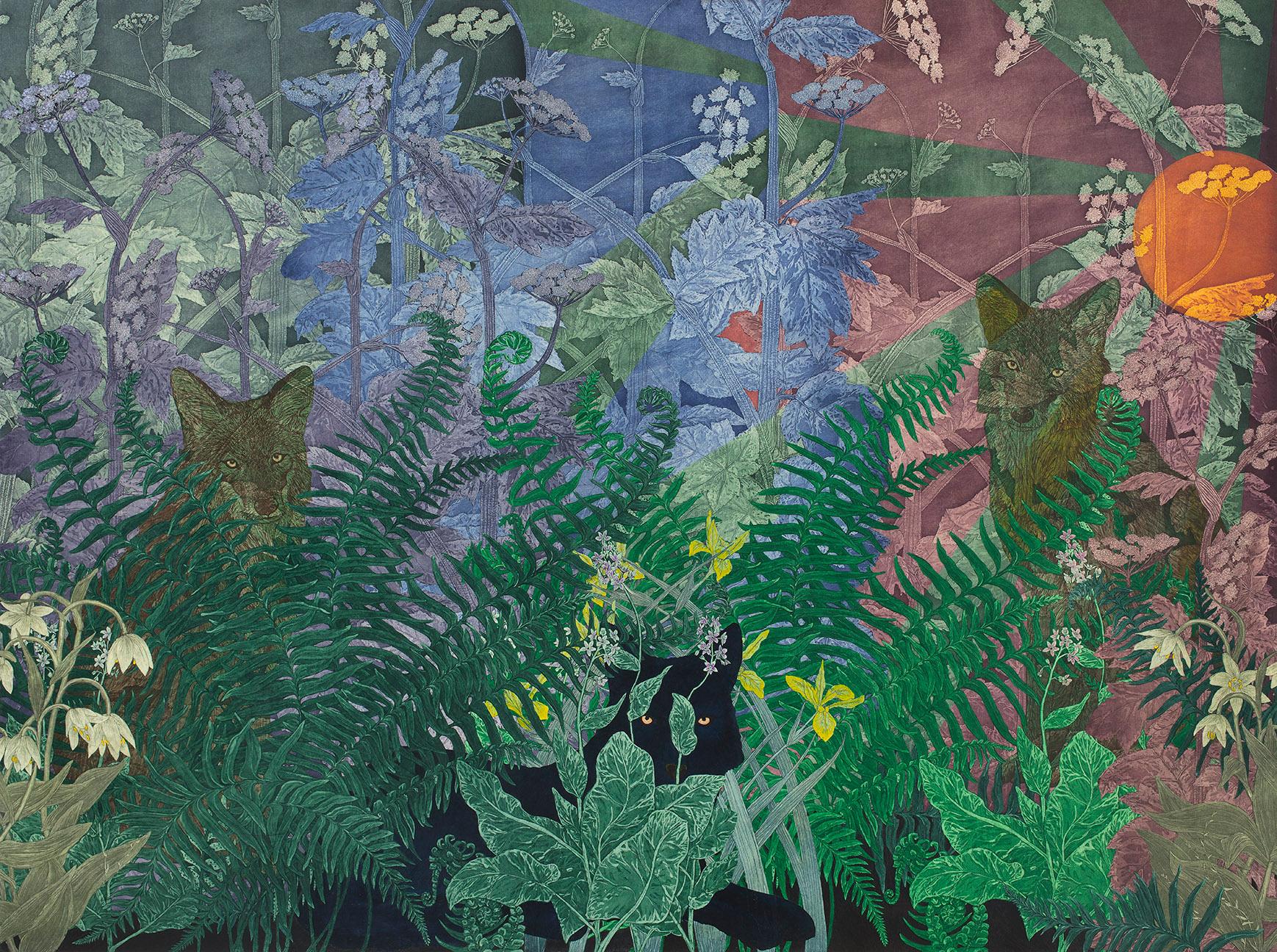 Coyotes in Cow Parsnip and Pacific Hounds Tongue - Mixed Media Art by Julia Lucey