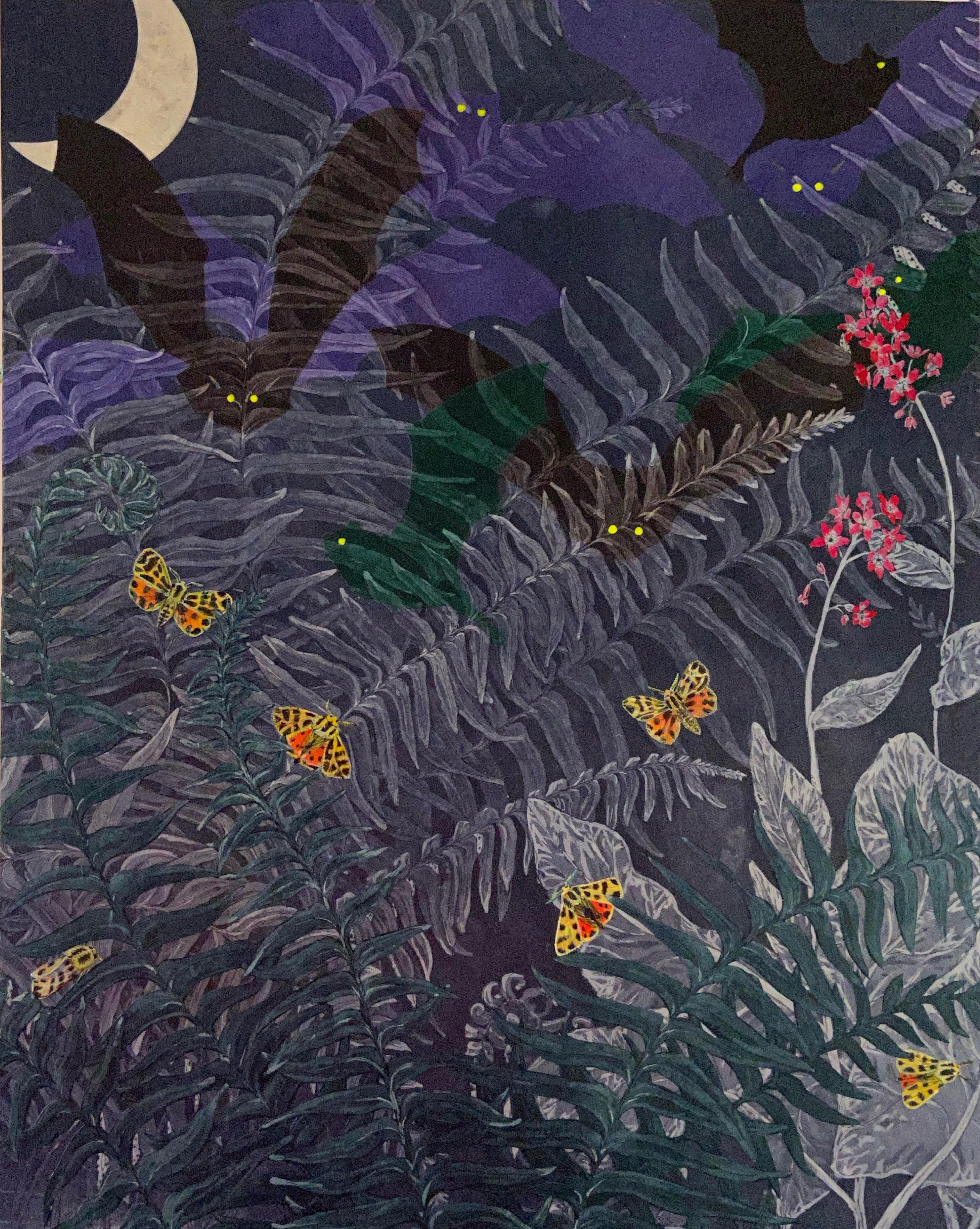 Ornate Tiger Moths and Bats - Mixed Media Art by Julia Lucey