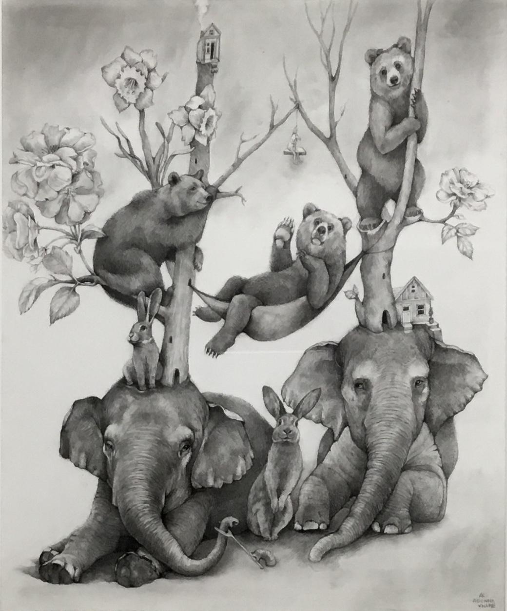 Adonna Khare Animal Art - Elephant, Bears, and Hammock