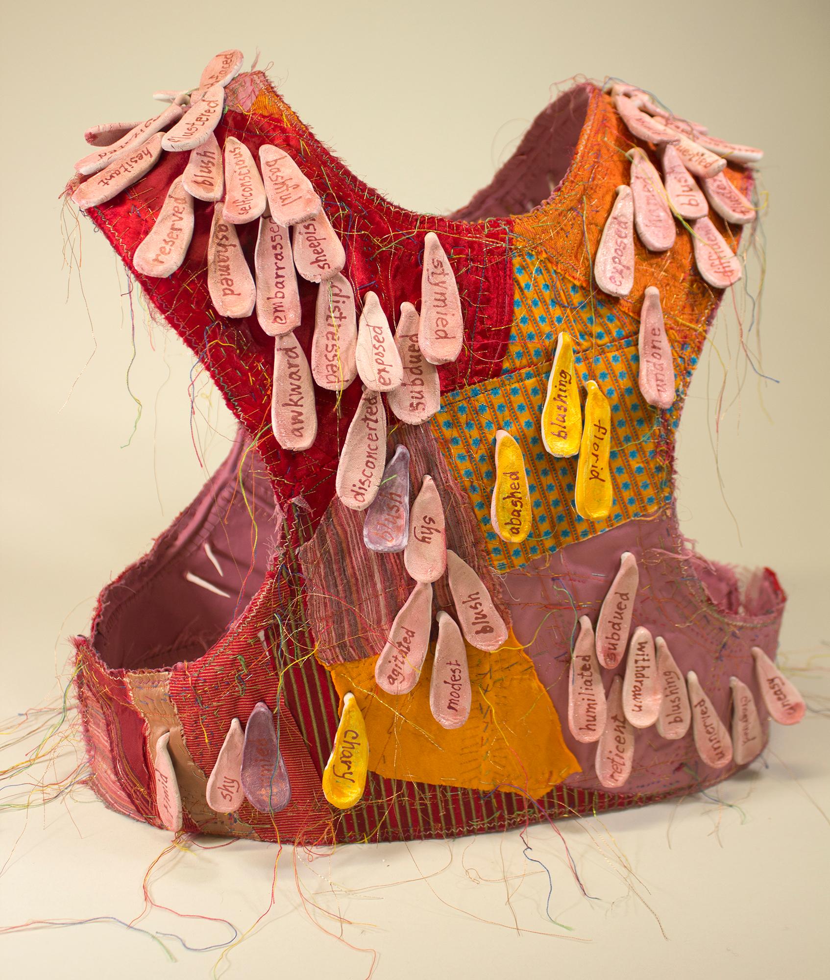 "Blush", contemporary, vest, ceramic, pink, red, orange, mixed media, sculpture