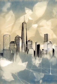 "New York Skyline", contemporary, plant, blue, cyanotype, photograph, drawing