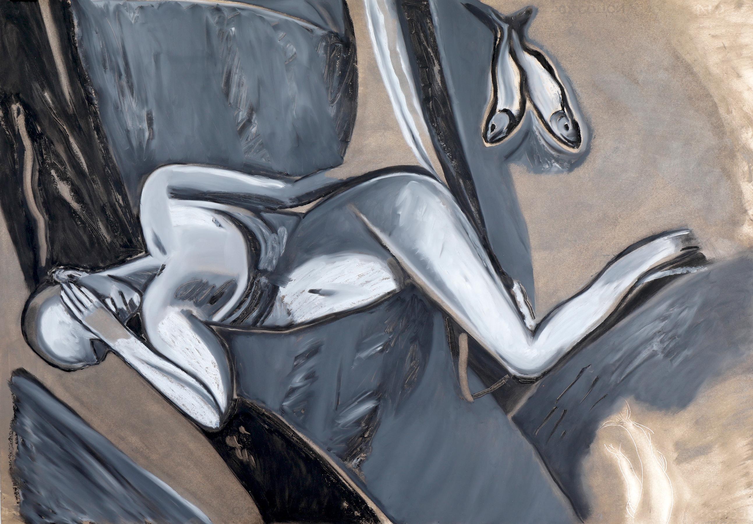"Passing Over", surreal, figure, fish, mixed media - Art by Mary Spencer