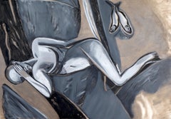 "Passing Over", surreal, figure, fish, mixed media