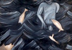 "Acque agitate", surreale, pesce, blu, tecnica mista