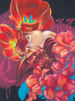 "CAW", Contemporary, Owl Skull, Flowers, Red, Orange, Pink, Pastel