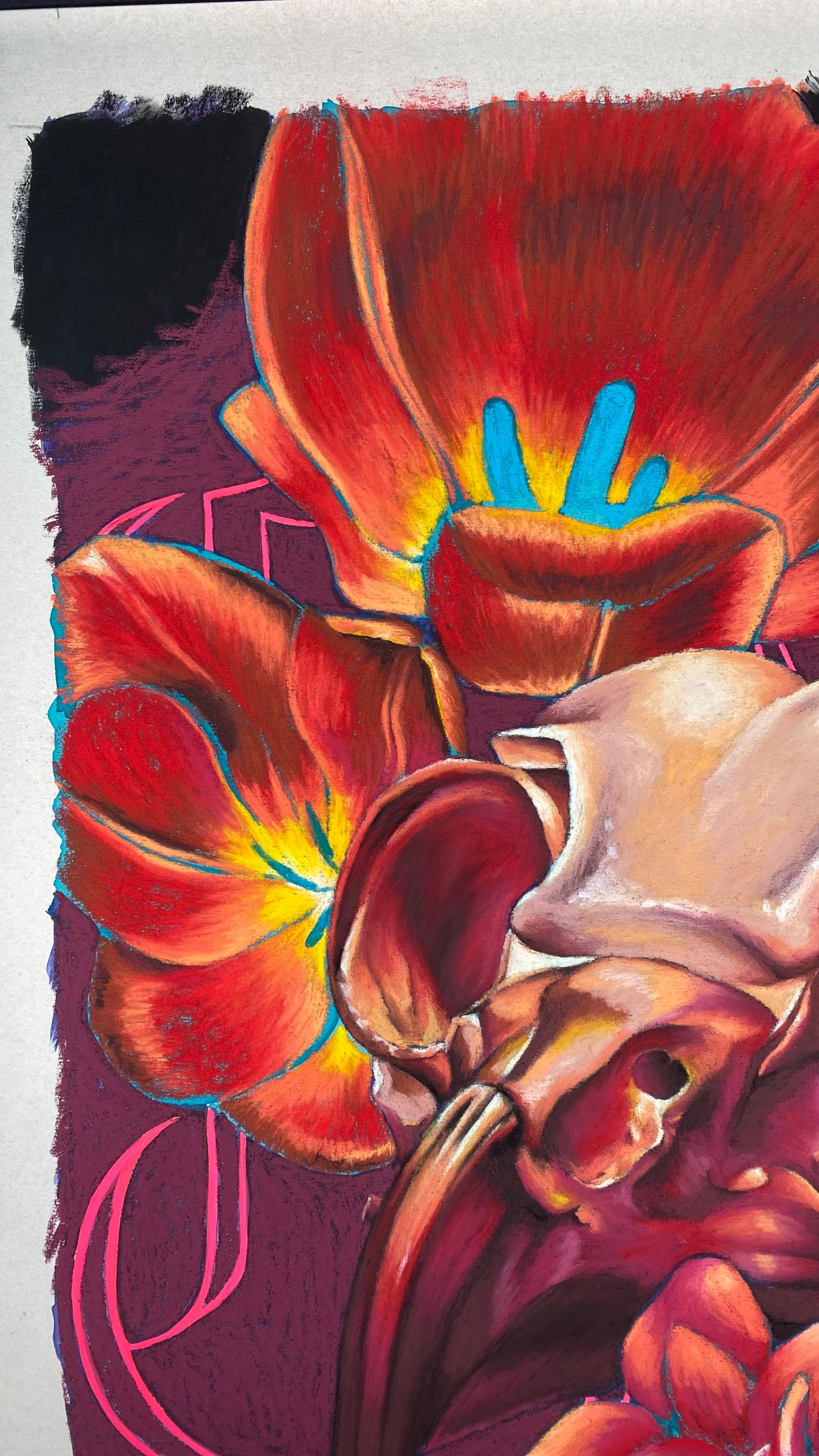 Fu’una’s “CAW” is a contemporary pastel painting of a great horned owl skull, trumpet creeper flowers, and lightning sun tulips. The work was created with soft pastel on 24 x 18 inch sanded paper. This painting is richly colored with burgundy, reds,