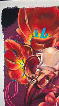 "CAW", Contemporaneo, Cranio di gufo, Fiori, Rosso, Arancione, Rosa, Pastello