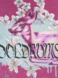 "Doldrums", Contemporary, Deer, Cherry Blossoms, Pink, Blue, White, Pastel