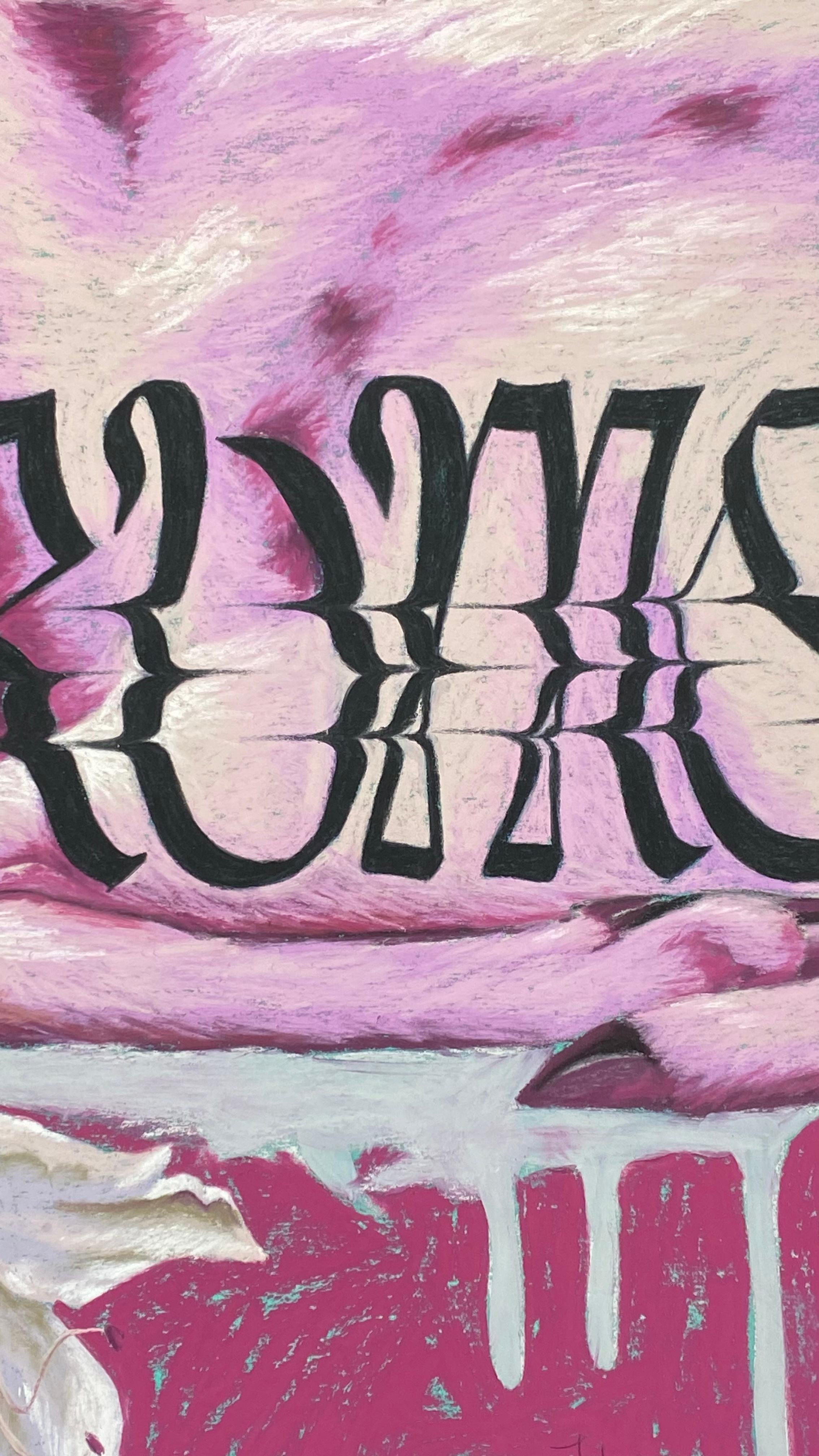 Fu’una’s “Doldrums” is a contemporary pastel painting of a pink deer at rest, framed with cherry blossoms and azaleas against a solid background. The word “DOLDRUMS” is written across the image in distorted calligraphic letters. The palette is both