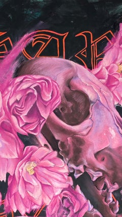 "HARK", Contemporary, Coyote Skull, Kanzan, Flowers, Orange, Pink, Pastel