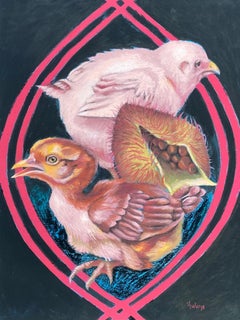 "I Achiote", Zeitgenössisch, Hühner, Baumsamen, Guam-Siegel, Schwarz, Rot, Pastell