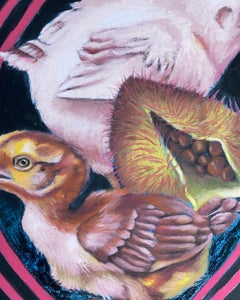 "I Achiote", Contemporary, Chickens, Tree Seed, Guam Seal, Black, Red, Pastel