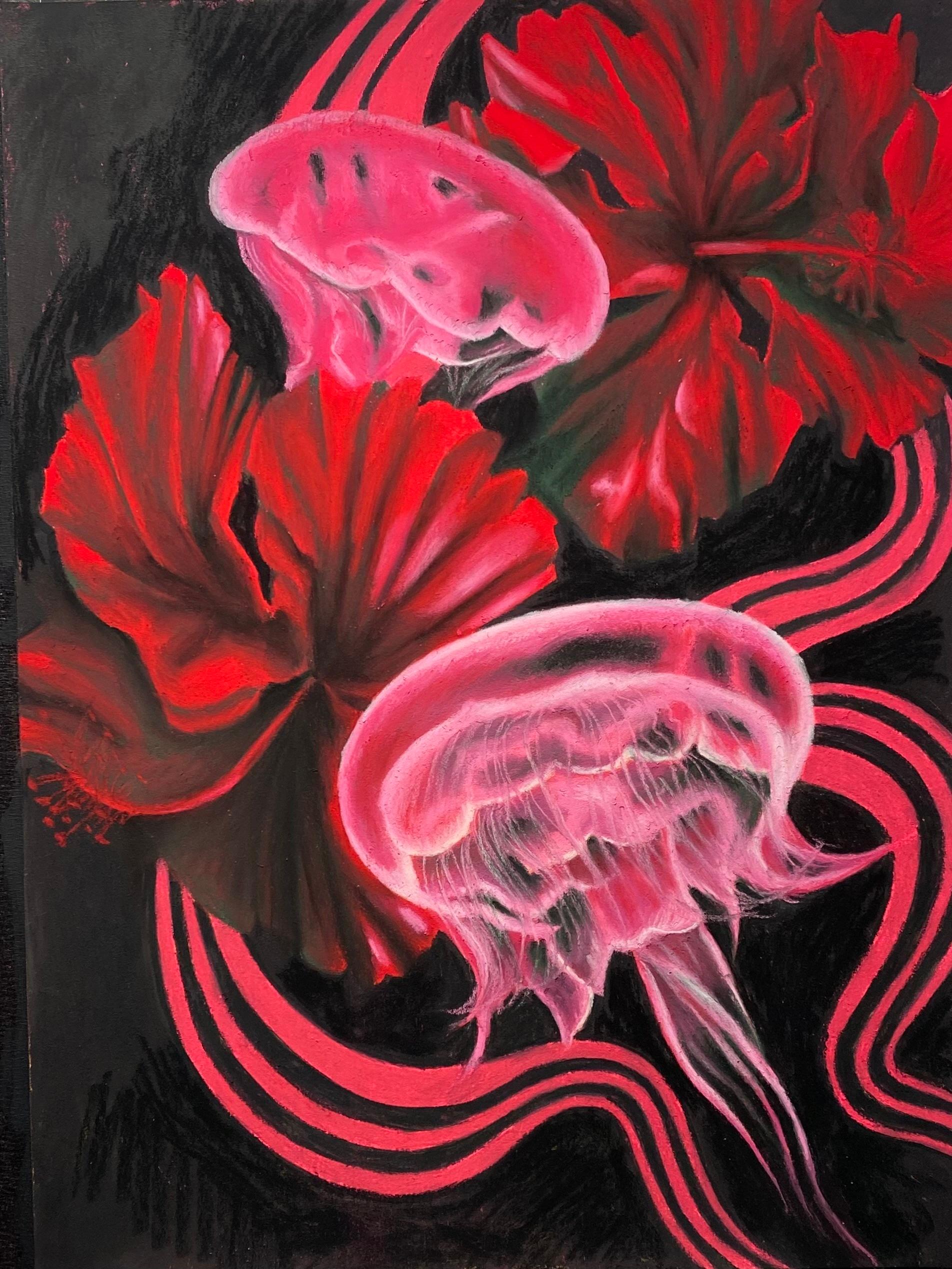 Animal Art de Fu
una - "Sueño de medusa", Contemporáneo, Flores de hibisco, Rojo, Negro, Pastel