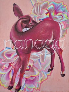 "Nangga (Warten)", Zeitgenössisch, Hirsch, Blumen, Pfirsich, Rosa, Pastell