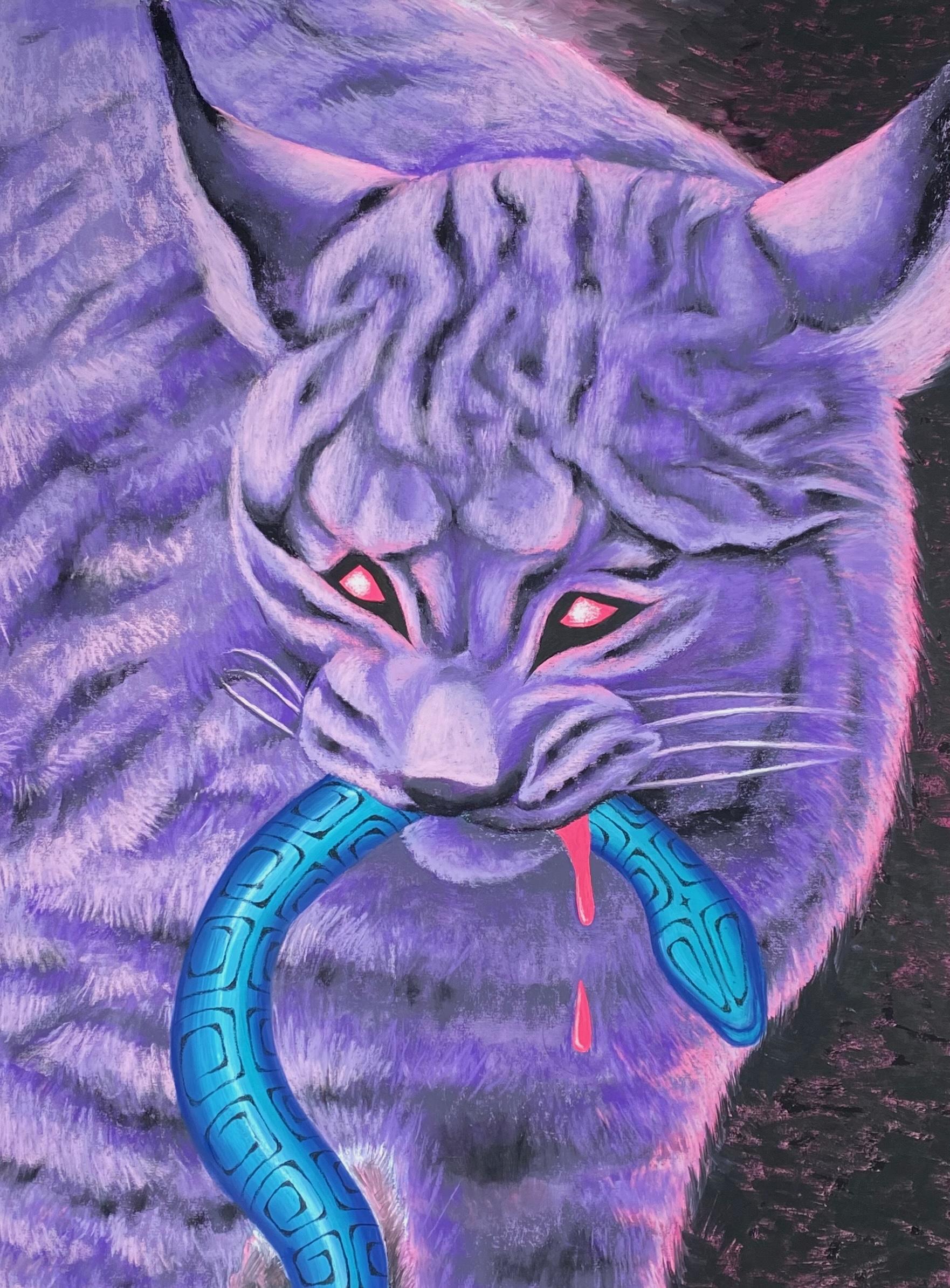Animal Art di Fu'una - "The Catch", Contemporaneo, Lince, Serpente, Rosa, Blu, Viola, Pastello