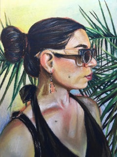"Self-Portrait", Ritratto contemporaneo, Palma, Nero, Verde, Pastello