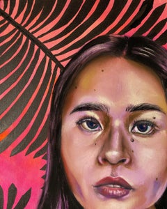 "si Chloe", Contemporary Portrait, Woman, Palm, Pink, Brown, Black, Pastel