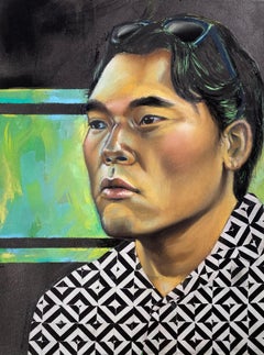 "si Andrew", Zeitgenössisches Porträt, Männlich, Geometrisch, Schwarz, Weiß, Grün, Pastell