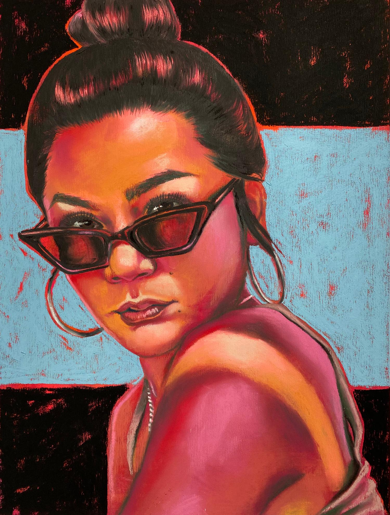 "Masakada", Contemporary Portrait, Woman, Sunglasses, Red, Orange, Blue, Pastel