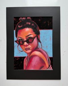 "Masakada", Ritratto contemporaneo, Donna, Occhiali da sole, Rosso, Arancione, Blu, Pastello