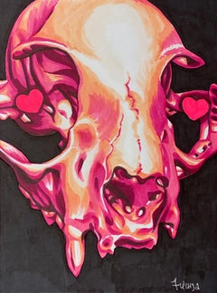"Cat Skull", Contemporary, Hearts, Neon, Pink, Black, Drawing