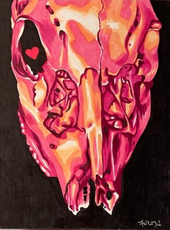 "Horse Skull", Contemporary, Hearts, Neon, Pink, Black, Drawing